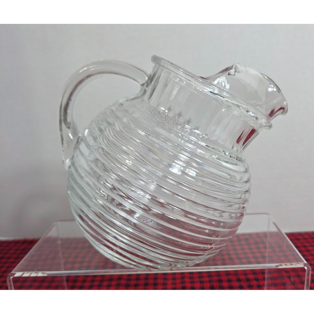 Vintage Anchor Hocking Manhattan Pattern Clear Glass Tilted Ball Pitcher 40 oz
